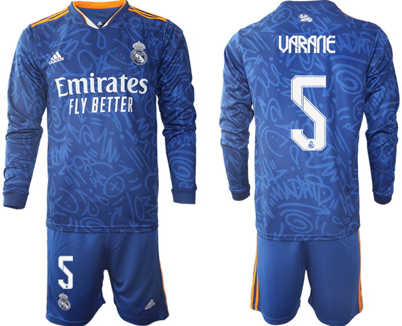 Men 2021-2022 Club Real Madrid away blue Long Sleeve #5 Soccer Jersey